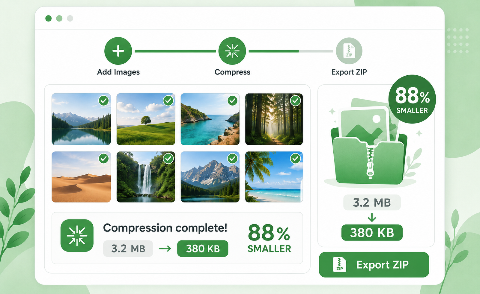 Compression result screen with clear percentage saved