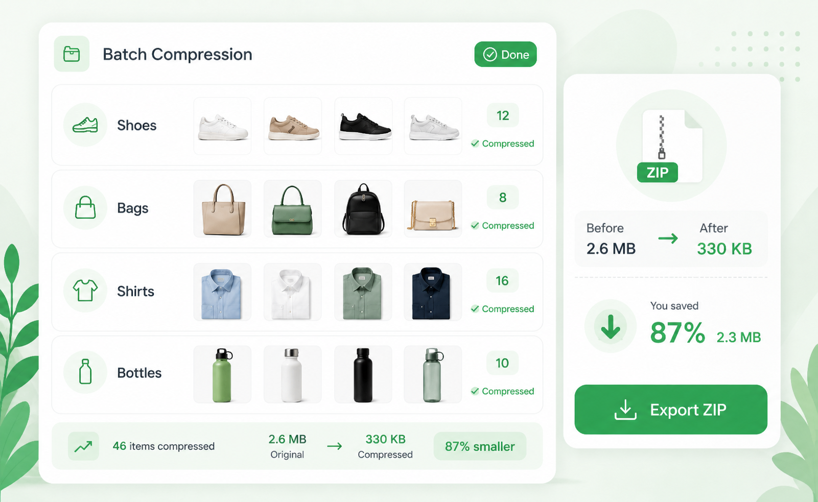 Batch image compression dashboard with visible file size savings